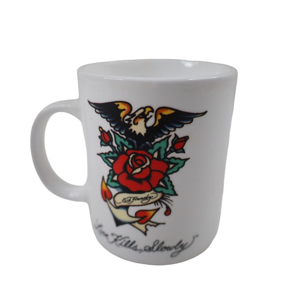 Ed Hardy Traditional Tattoo Art "Love Kills Slow" Skull Coffee Mug - Picture 1 of 4